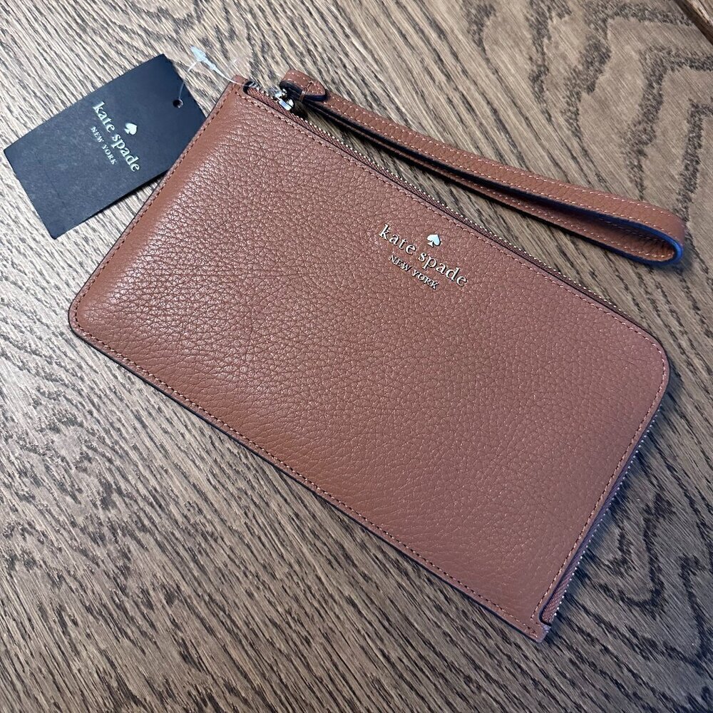 NWT! Kate Spade Lucy Medium L-Zip Wristlet -Brown Pebbled leather